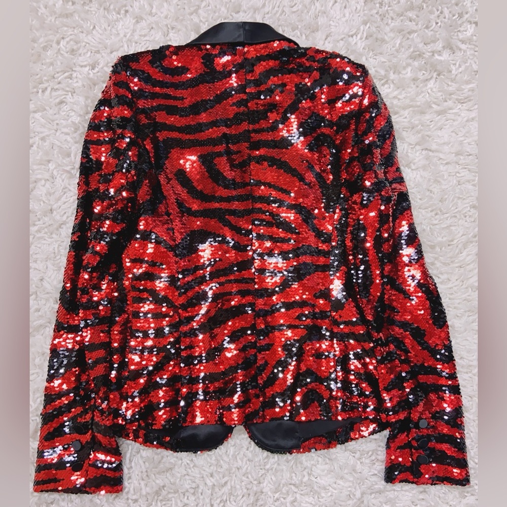 NWT $725 L'agence Yuna Sequin Blazer In Tango Red/black Zebra Stripe - Picture 7 of 7